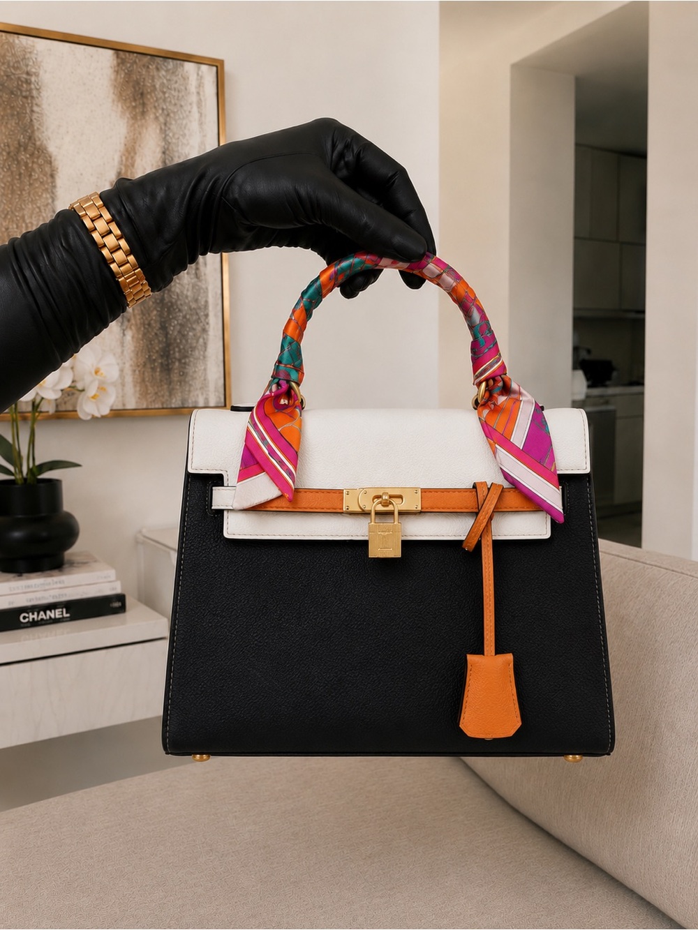 Women's Two-Tone Top-Handle Leather Satchel — Black & White with Orange Accents